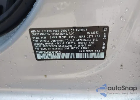 2013 Volkswagen Passat 2.5L Se z USA, uszkodzony, nr VIN 1VWBP7A3XDC008677